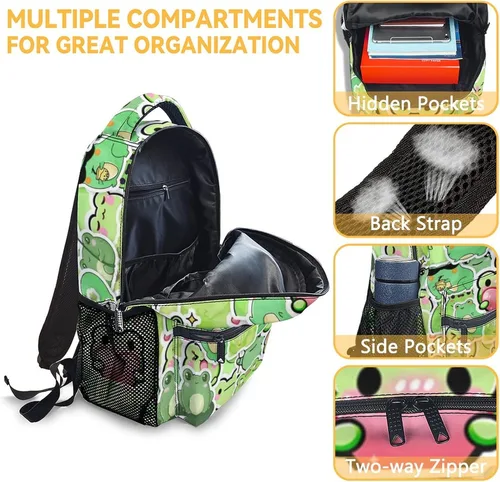 Vista 6 de CUNEXTTIME Mochila de rana para niñas y niños, bonita bolsa de libros de 16 pulgadas con gran capacidad, bolsas escolares de viaje duraderas, Rana