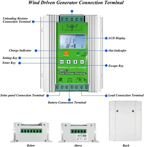 Vista 5 de Controlador de carga híbrido solar eólico de 1000 W, controlador de carga solar de turbina de viento MPPT fuera de la red, controlador híbrido
