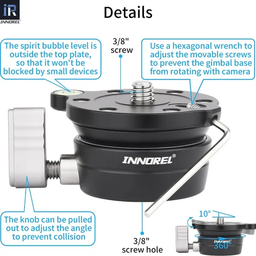 Vista 8 de INNOREL Base niveladora de trípode, base niveladora LB50, media bola con nivel de burbuja compensada y bolsa de nivel de burbuja para cabeza de 50L