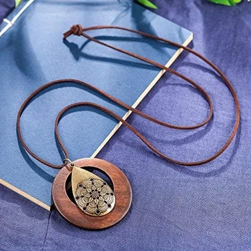 Vista 4 de COOSTUFF ANNA- Collar con dije para mujer, joyería de madera hecha a mano, collar largo para mujer