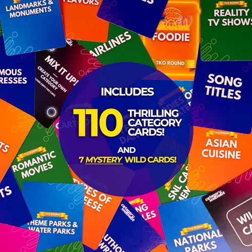 Vista 3 de Categoría Knockout: Juego de Trivia y Desafío de Palabras de Ritmo Rápido para Familias, Adultos y Niños — Buzzer + Dados, 100+ Cartas, Rondas