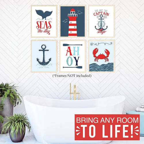 Vista 8 de Hadley Designs Decoración náutica de pared con 6 unidades, decoración náutica de habitación para niños, cuadros de barco y faro, decoración de pared