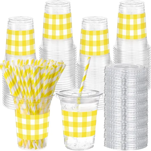 Vista 12 de Sliner 50 juegos de vasos de plástico a cuadros de 16 onzas con tapas y pajitas de papel, vasos desechables transparentes para fiesta de autos