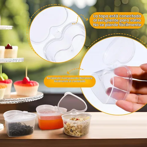Vista 5 de 50 tazas de salsa desechables con tapas, vasos de plástico en forma de corazón de gelatina de 1.5 onzas, recipientes transparentes para aderezo