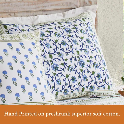 Vista 4 de Saffron Marigold Funda de almohada azul floral iluminado por la luna Taj - CP, algodón de calidad, comercio justo, ropa de cama bohemio
