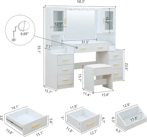 Vista 10 de FOREST GRAVITY Tocador grande de 58.3 pulgadas con espejo plegable y luces, escritorio de maquillaje con espejo y luces, tomacorriente, silla y dos