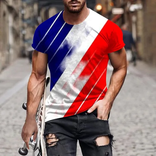 Vista 2 de Muscularfit Camisas de verano para hombre, elegante, casual, cuello redondo, manga corta, bandera americana, ajustadas, para el Día