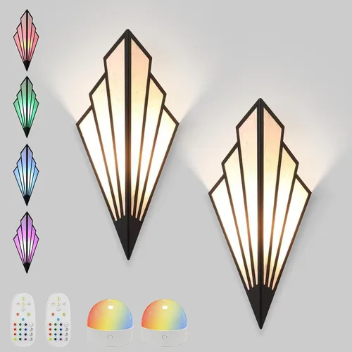 Vista 8 de Juego de dos apliques de pared modernos que funcionan con pilas, lámpara de pared simple y creativa Art Deco con control remoto, luz de pared LED