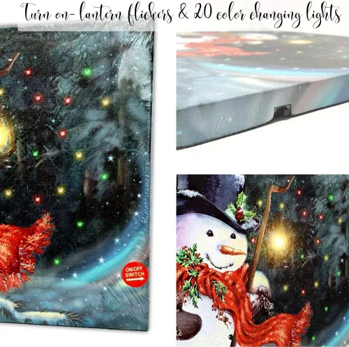 Vista 4 de Lienzo de muñeco de nieve iluminado con linterna LED, impresión de escena de invierno de Navidad, decoración navideña para colgar en la pared