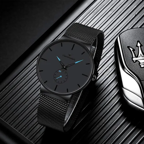 Vista 3 de Tonnier - Reloj de acero inoxidable estilizado para hombre, manecillas de reloj cóncavas, esfera de segundero independiente