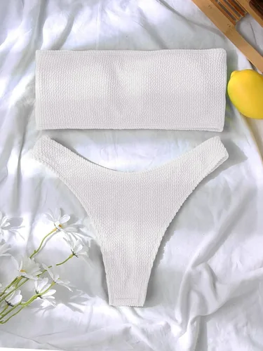 Vista 5 de Limeeke Traje de baño de dos piezas con textura acanalada y corte alto para mujer