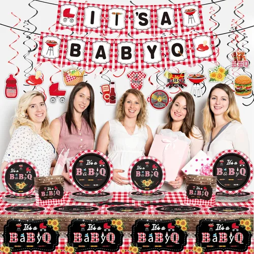 Vista 5 de Juego de vajilla para baby shower, decoración de fiesta de Baby Q, juego de vajilla It's A Baby Q, juego de vajilla para barbacoa, servilleta