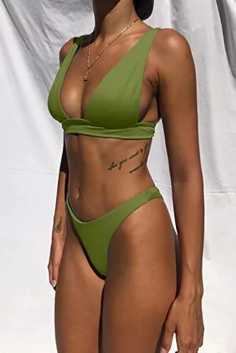 Vista 3 de Conjunto de bikini para mujer, traje de baño de dos piezas con cuello en V, parte superior triangular con cintura alta, sexy, traje de baño