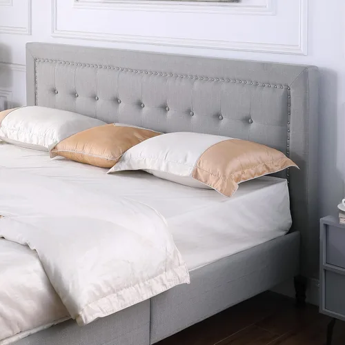 Vista 3 de Base de cama de plataforma tapizada completa con cabecera de 43.5 pulgadas de alto, cama de tela con botones, soporte de listones de madera con Gris