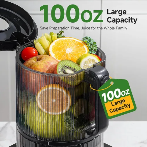 Vista 4 de Máquinas exprimidoras 3 en 1 de prensa en frío con canal de alimentación grande de 6.5 pulgadas para frutas y verduras enteras, gran capacidad