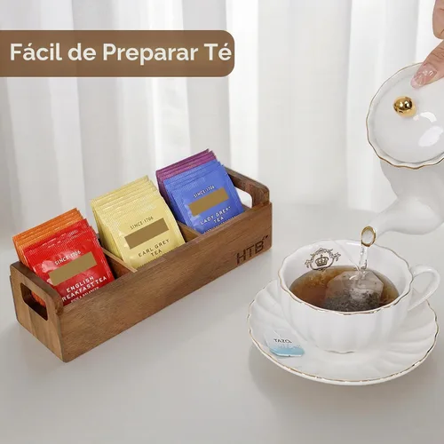 Vista 7 de HTB Caja de té pequeña de madera de acacia con 3 compartimentos para cajón de mostrador Tea Bag Chest with Handle, Mini Countertop Divided Storage