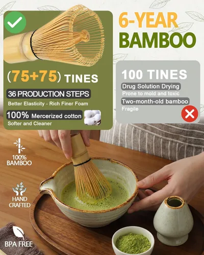 Vista 5 de Vaiheng Juego de batidor de matcha con cuenco matcha, soporte para batidor de matcha, batidor de bambú matcha, cuchara, tamiz, regalos del día