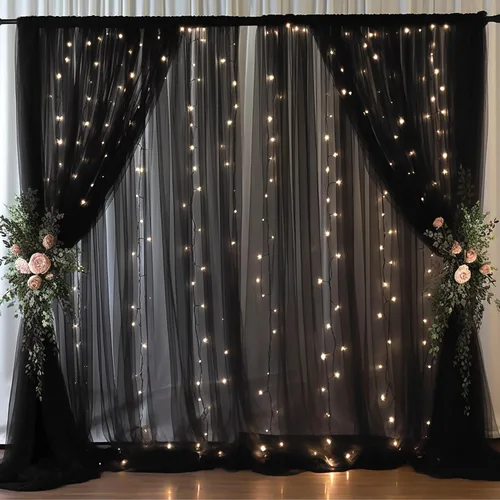 Vista 9 de Cortina de telón de fondo de tul azul bebé de 10 x 8 pies con cadena de luces para fiestas, cortinas de fondo transparentes para bodas, baby shower