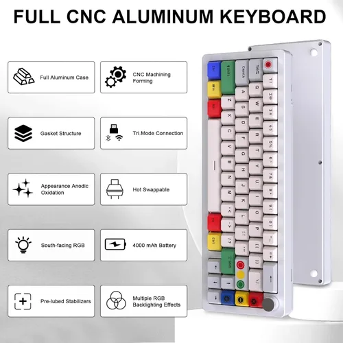 Vista 2 de BOYI GMK67 65% Teclado mecánico de aleación de aluminio, BT5.0/Tipo-C/2.4G inalámbrico intercambiable en caliente, teclado de juego CNC con junta