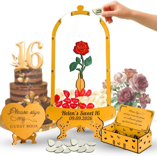 Vista 13 de Alternativa personalizada para libro de invitados de quinceañera, marco de madera rosa rubor, recuerdo de inscripción, princesa dulce 15 Mis