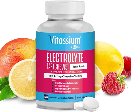 Vista 9 de Vitassium FastChews con electrolitos para reabastecimiento de sodio y potasio, botella de 60 comprimidos FastChews, Fruit Punch
