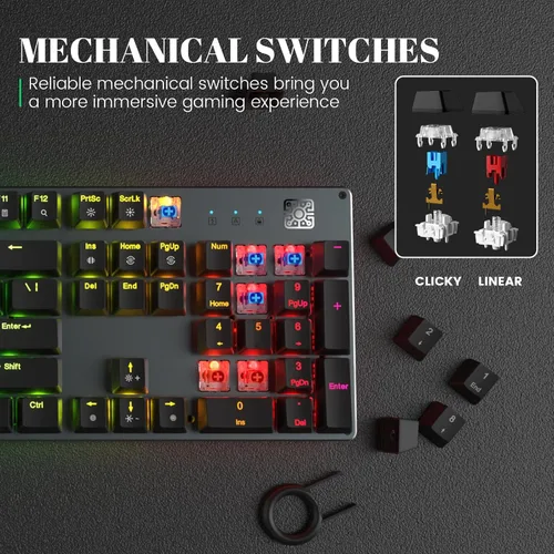 Vista 2 de Black Emblem Teclado mecánico para juegos con interruptores azules clicky, retroiluminación RGB de tamaño completo de 104 teclas teclado programable