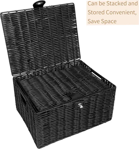 Vista 9 de Honygebia - Canastas de almacenamiento de mimbre negro - Juego de 3 cajas decorativas anidadas con tapas, canasta tejida con cerradura y asa