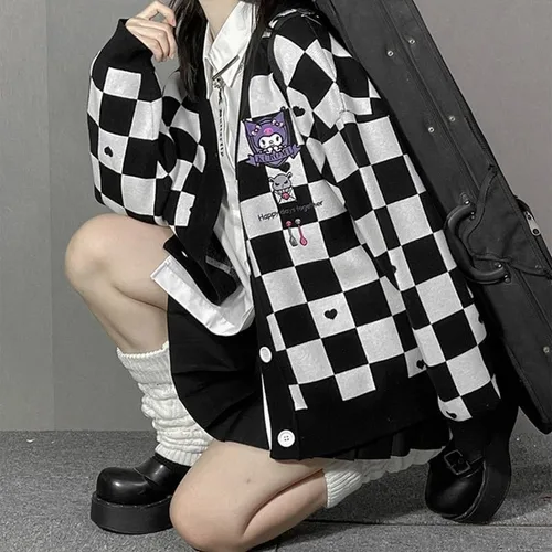 Vista 3 de Suéter kawaii de anime a cuadros, cárdigan para mujer, disfraz de cosplay, cuello en V, manga larga