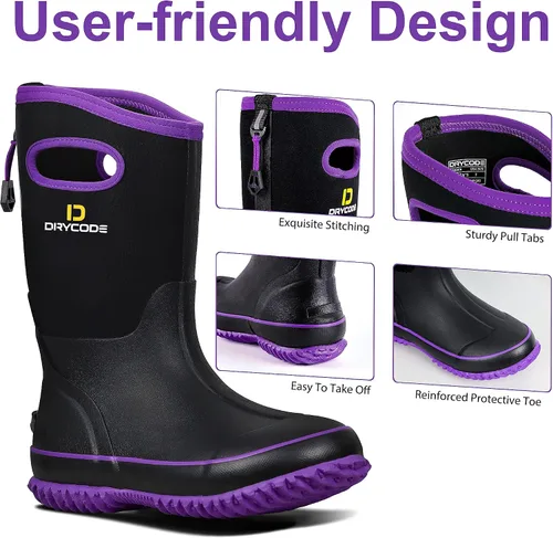 Vista 4 de D DRYCODE Rubber Boots for Women, Rain Boots with Warm Neoprene, Waterproof Mid Calf Mud Insulated Work Boots for Womens Gardening, Farming