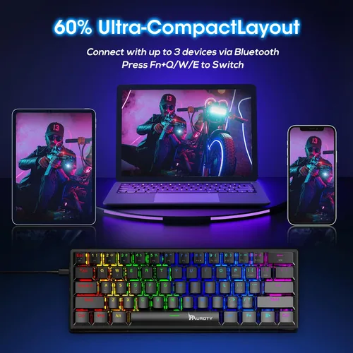 Vista 12 de Pauroty 60% Teclado mecánico inalámbrico, teclado de juego de triple modo 2.4G/USB-C/Bluetooth, retroiluminación RGB, interruptor azul clicky