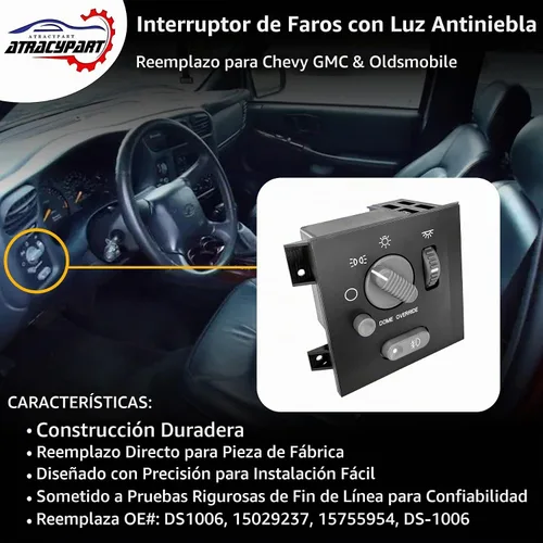 Vista 2 de Interruptor de faros delanteros compatible con Chevy Blazer S10 GMC Jimmy Sonoma y Bravada 1998-2003 Interruptor de atenuación de faro con luz