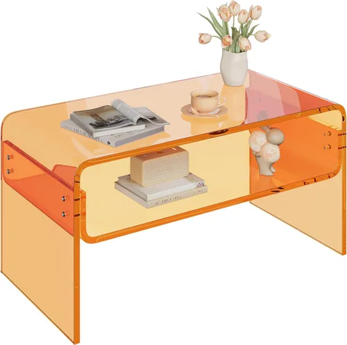 Vista 7 de Mesa auxiliar acrílica de 2 niveles, mesa auxiliar con estante de almacenamiento, mesa central moderna para sala de estar, oficina, dormitorio
