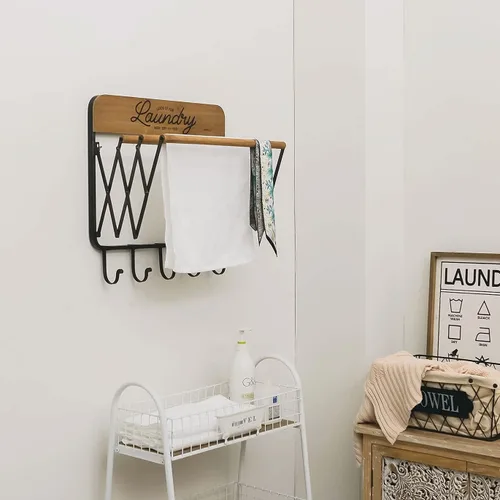 Vista 3 de SOFFEE DESIGN Estante de lavandería de acordeón, estantes retráctiles montados en la pared, 3 barras y 5 ganchos para tendedero, toallas para colgar