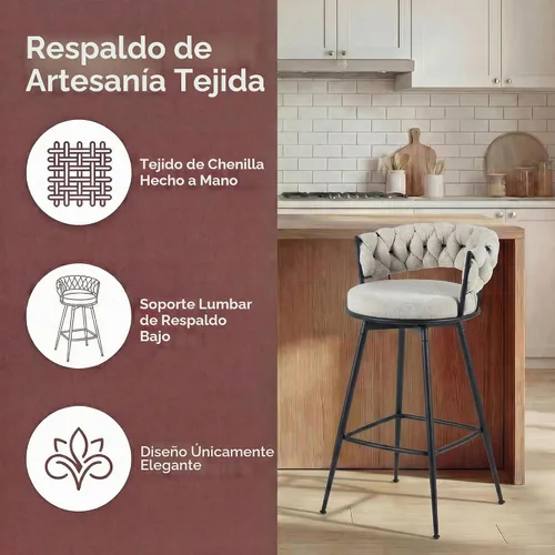 Vista 9 de Juego de 2 taburetes de bar tapizados para encimera de cocina, color beige