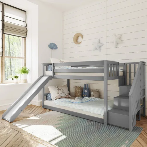 Vista 8 de Max & Lily - Litera baja, base de cama individual sobre individual para niños con escalera al final, color gris