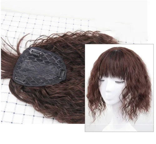 Vista 2 de LXUE Toppers de pelo sintético rizado con flequillo para mujeres con cabello delgado, piezas de cabello con clip de 14 pulgadas, marrón oscuro