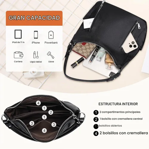 Vista 6 de Over Earth Monederos de cuero genuino Bolso de hombro tipo hobo mediano 01-Negro