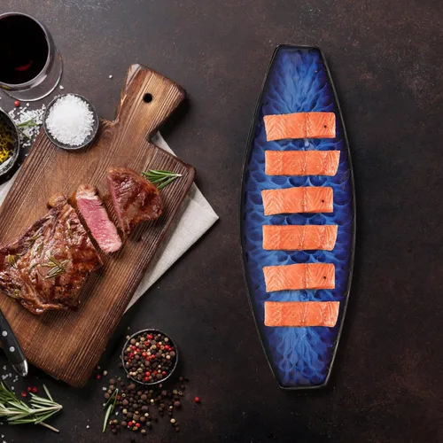 Vista 4 de DOITOOL Plato japonés de cerámica para sushi con forma de barco, plato de postre para sushi geta, platos para servir platos para el hogar, cocina
