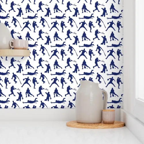 Vista 8 de Spoonflower Papel tapiz para despegar y pegar - Jugadores de béisbol Azul oscuro Deportes Hombres Thin Line Kids Papel pintado extraíble