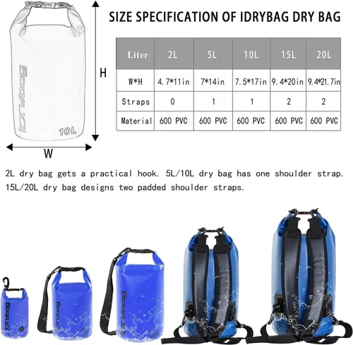 Vista 3 de IDRYBAG Bolsa seca para kayak impermeable 2L/5L/10L/15L/20L, pequeña bolsa impermeable para navegación