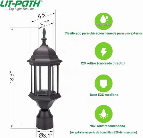 Vista 5 de LIT-PaTH Luz de poste al aire libre, lámpara de poste de aluminio Acabado negro