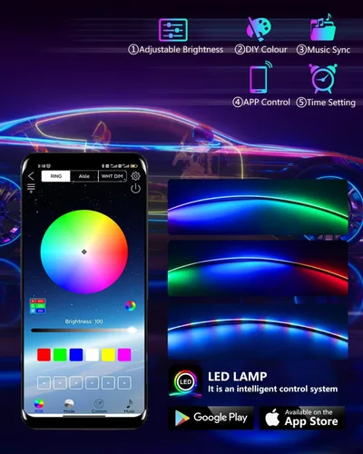 Vista 3 de Luces LED acrílicas para coche, tira de luz interior RGB de 43.3 pulgadas