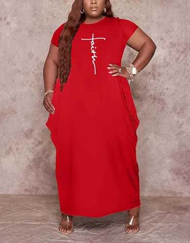 Vista 4 de Fooullaide Vestido casual de talla grande para mujer, de verano, manga corta, cuello en V, suelto, de gran tamaño, vestidos largos con bolsillo