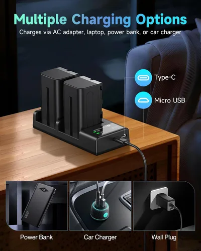 Vista 4 de FirstPower Batería NP-F750 (2 paquetes/5600mAh) y cargador USB dual para Sony NP-F550 F570 F750 F770 F960 F970 Batería Sony CCD-TRV215 CCD-TR917