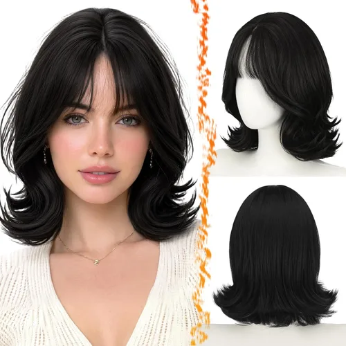 Vista 8 de BARSDAR Synthetic Short Layered Brown Highlights Bob Wig with Wispy Bangs