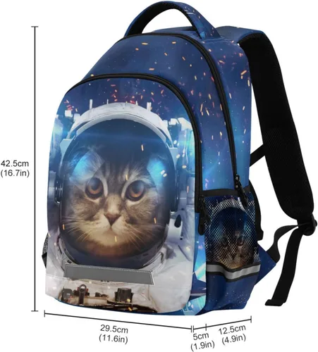 Vista 6 de Mochila para niños y niñas, mochila de viaje con diseño de astronauta y gato