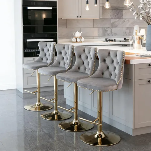 Vista 10 de Taburetes de bar giratorios de terciopelo con base dorada, juego de 4 sillas ajustables para isla de cocina Beige
