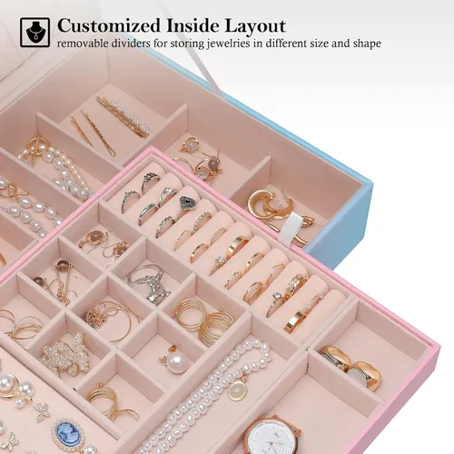 Vista 3 de ProCase Joyero para mujeres, niñas, novia, esposa, regalo ideal, organizador de joyas de cuero grande con dos capas para aretes, pulseras, anillos