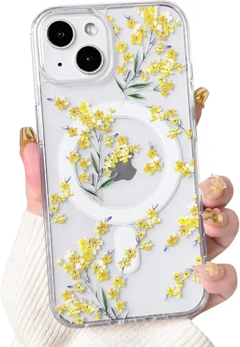 Vista 60 de NITITOP Funda magnética transparente compatible con iPhone 14 Plus/15 Plus, compatible con MagSafe lindas flores, hojas florales para mujeres