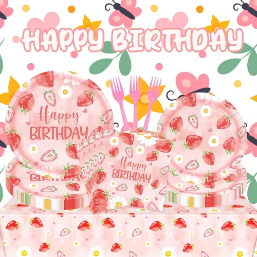 Vista 4 de JESTAR Decoración de bayas para primer cumpleaños, decoraciones de fiesta de fresa, 96 platos, servilletas, tenedores, tema de fresa rosa, perfecto